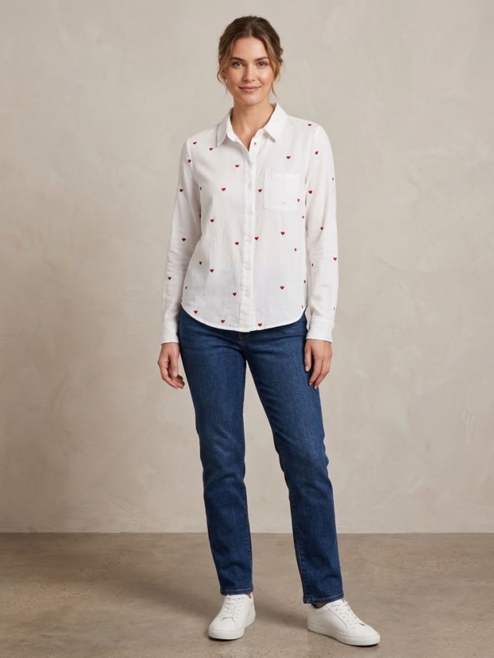 Together White Button-Down Shirt with Red Heart Embroidery